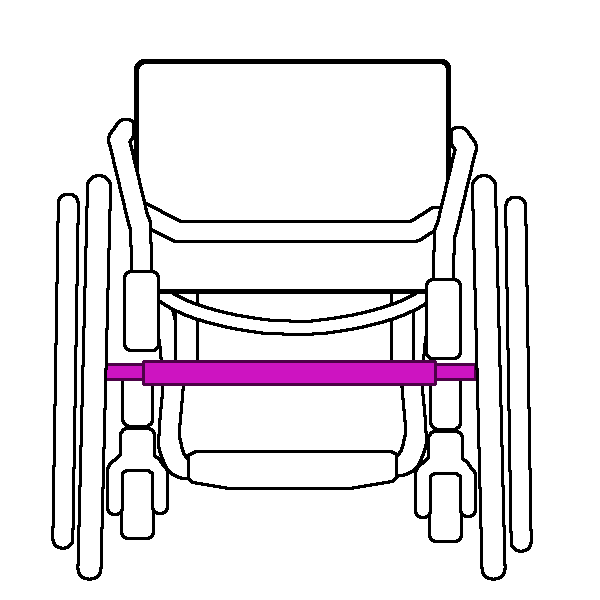 A black and white rigid wheelchair from behind with a bright pink camber tube.